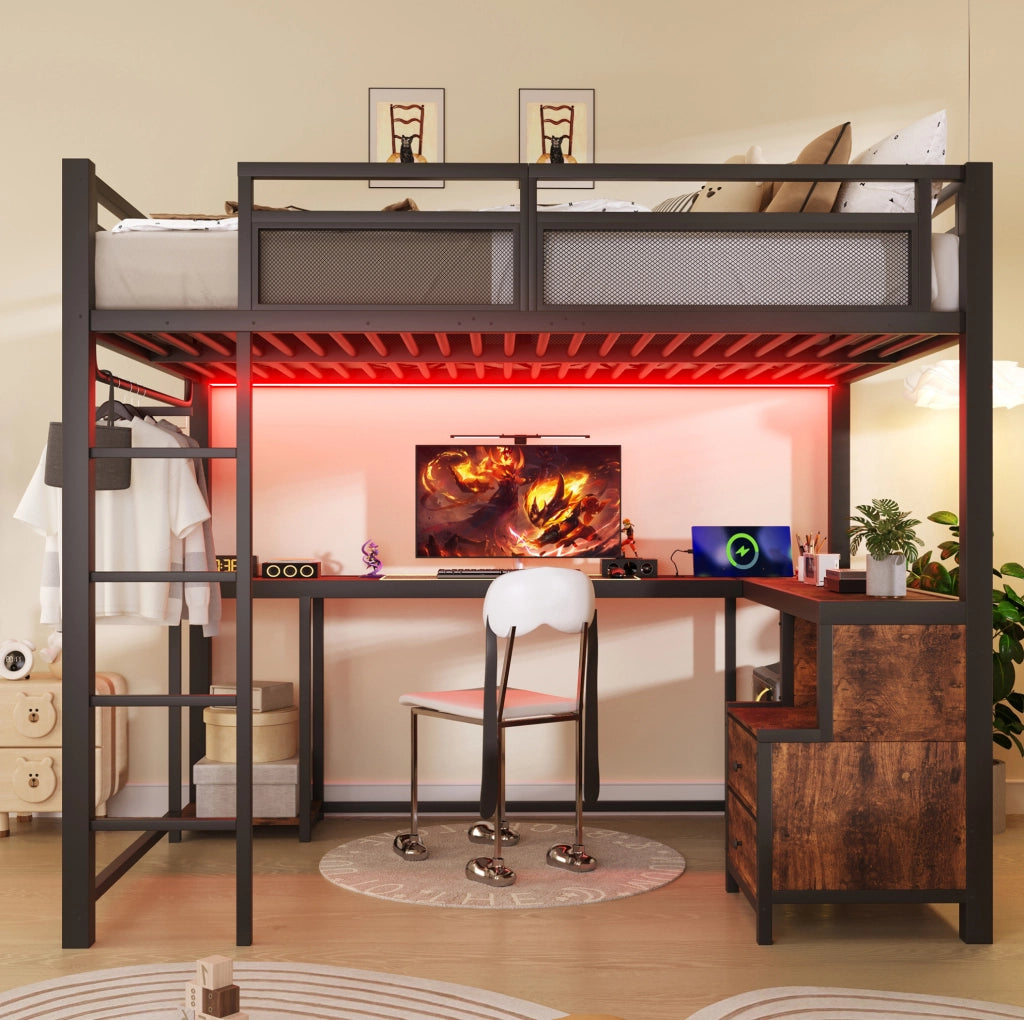 Letto a soppalco 140x200 cm con scrivania, LED, USB e ripiani