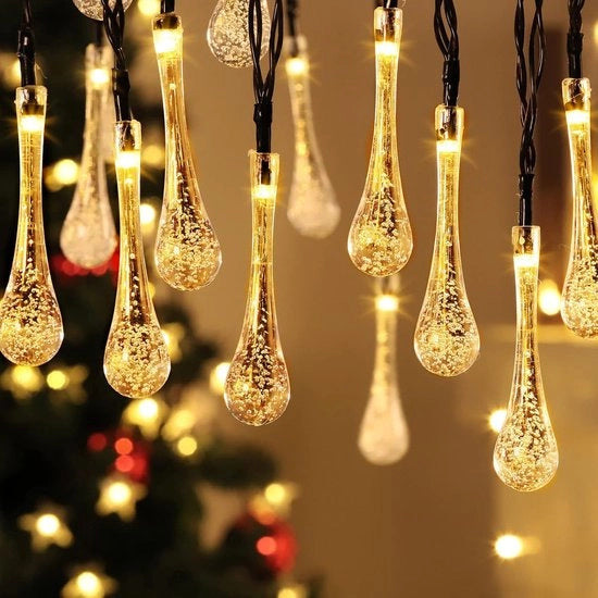 Luci Solari Esterne per Giardino Impermeabili a Energie Solare Lampada a Goccia String Light Lampada da Fiera Icicle Illuminazione di Natale Catena di Luci per Albero Matrimonio Festa (Caldo Bianco - 6,3 m - 30 LED)