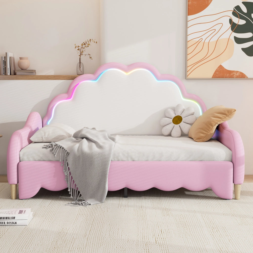 Divano letto 140x200 cm in PU e MDF, con testiera LED, Rosa