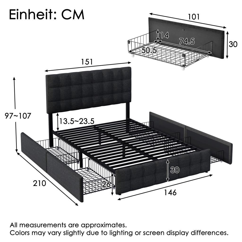 letto imbottito lino nero 140 x 200 cm