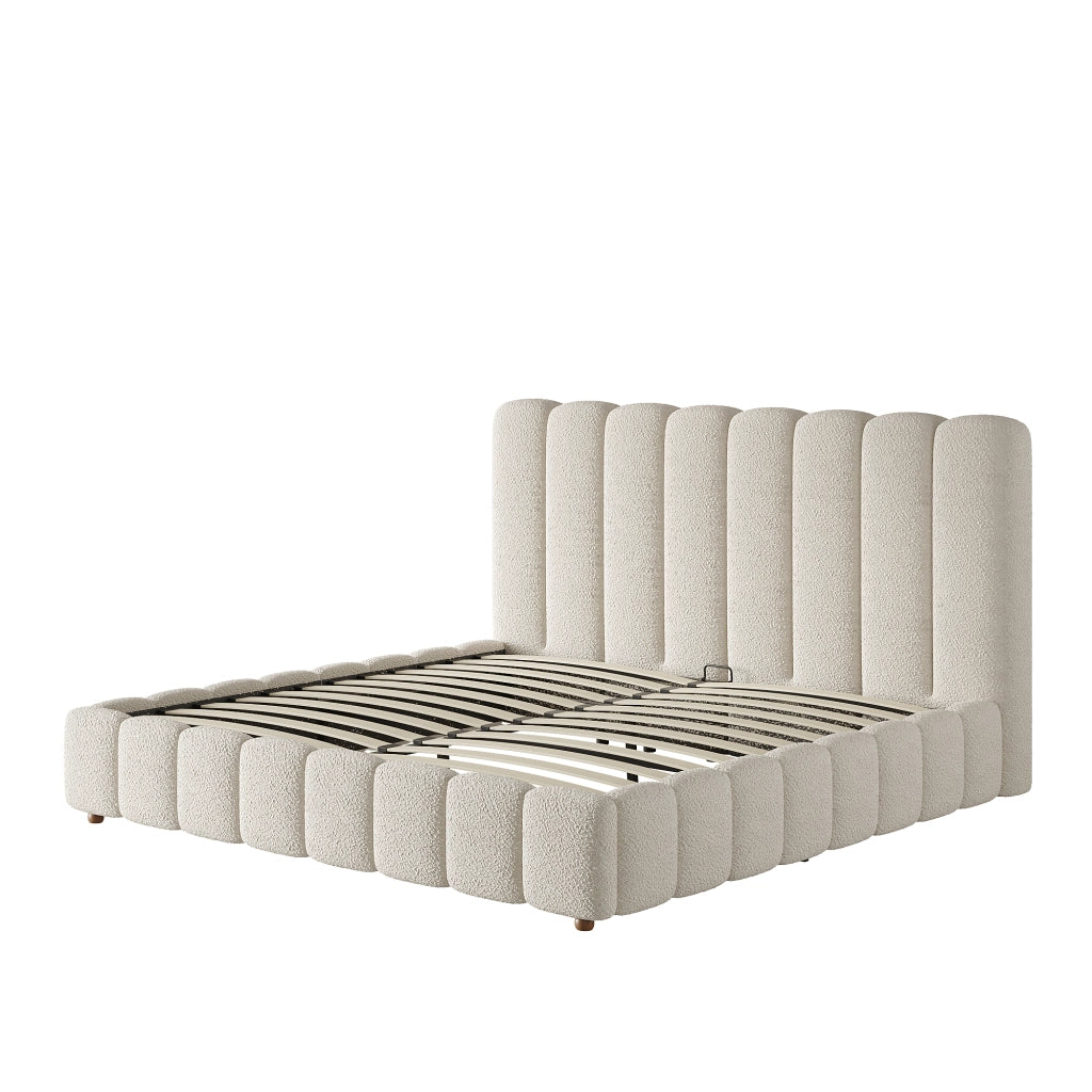 Letto matrimoniale in bouclé bianco 160x200 sollevamento idraulico doghe testiera