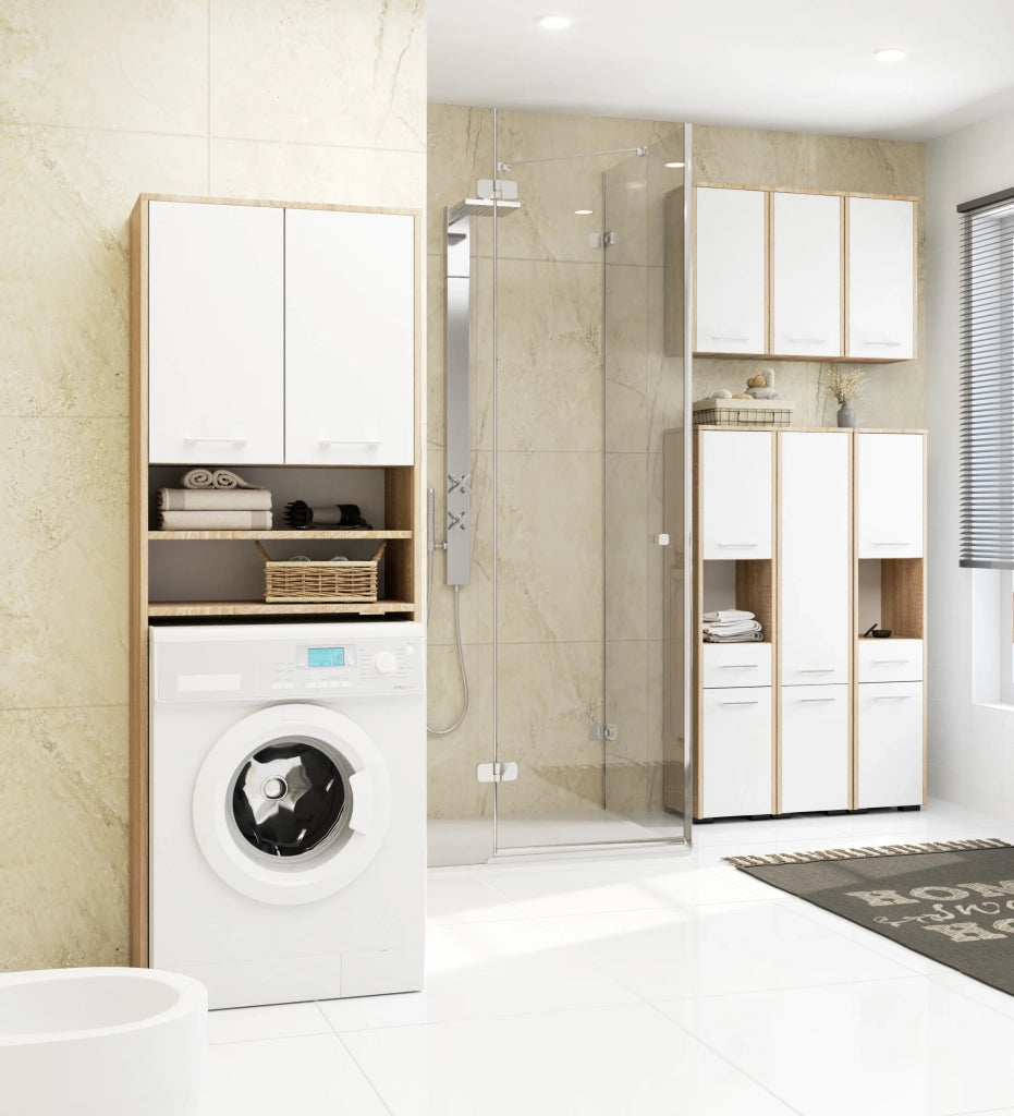 Colonna da bagno AKORD FIN per incasso di una lavatrice Sonoma Quercia 64 cm 2 ante inserto frontale Bianco 64x30x180 cm