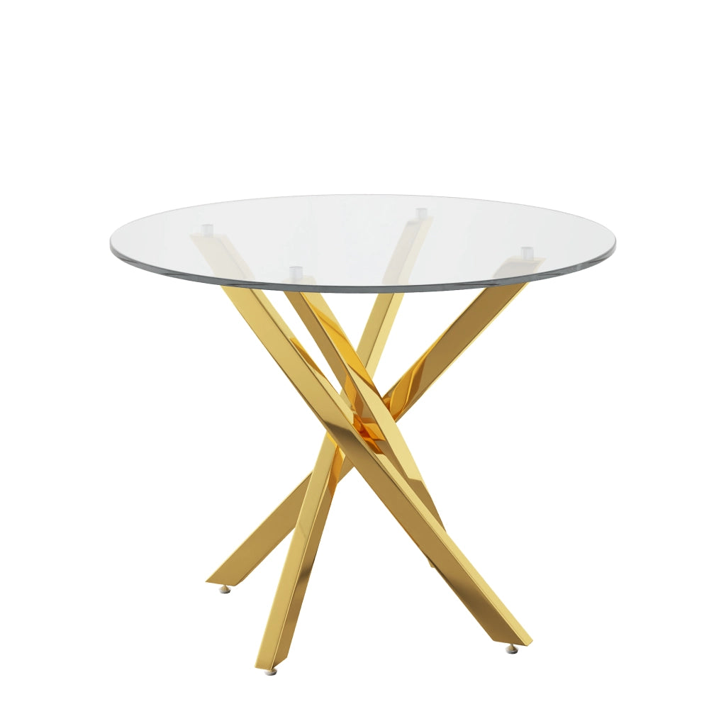 Tavolo rotondo in vetro temperato 80 cm, struttura color oro, design moderno con base a croce