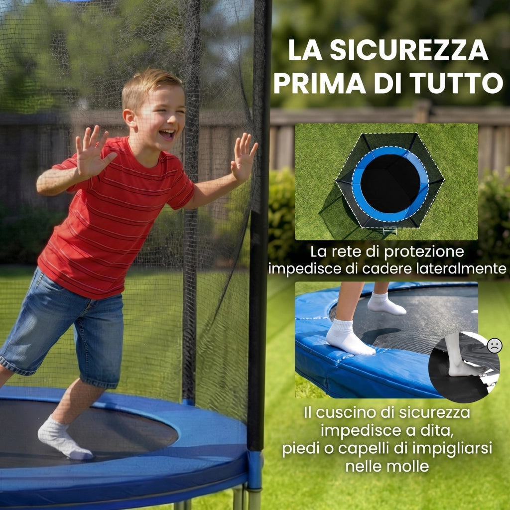 Trampolino Elastico con Scaletta e Rete di Sicurezza. in Acciaio e Plastica. ?180x200 cm. Blu
