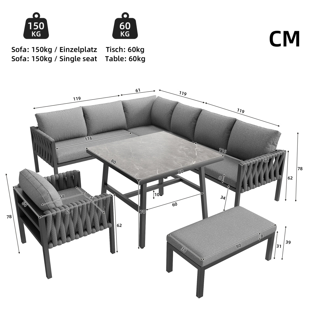 OKWISH Set da 5 mobili da giardino con divano angolare, poltrona, panca e tavolo, Metallo e Poliestere Grigio