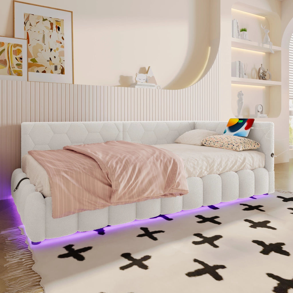 Letto giorno con funzione divano a rete elettrica in velluto bianco 90x200 cm