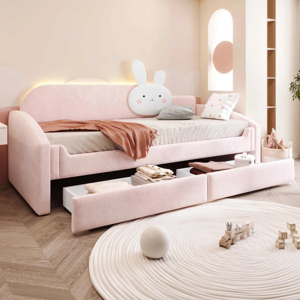 LETTO Sofa per bambini 90x200 cm in velluto rosa con LED