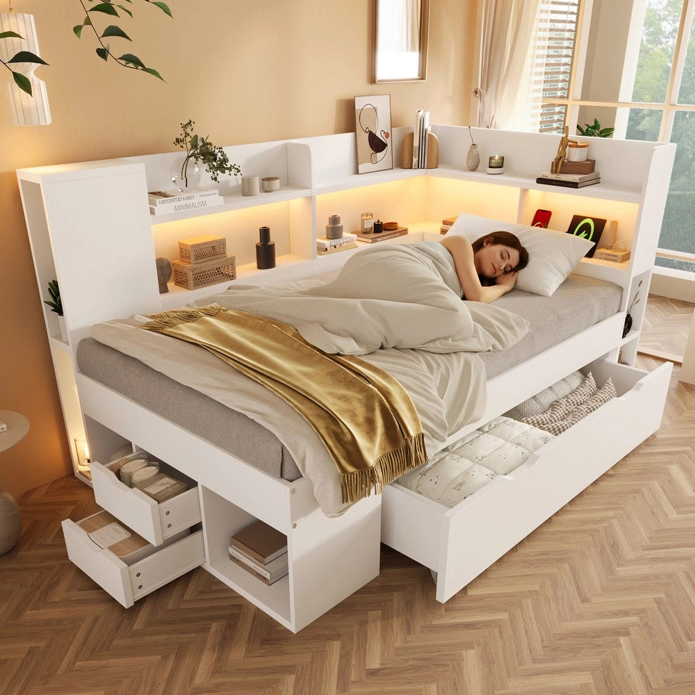 Letto Singolo con LED, USB, Cassetti e Rete a Doghe ¨C MINIMAL ¨C Bianco 90x200, con Materasso