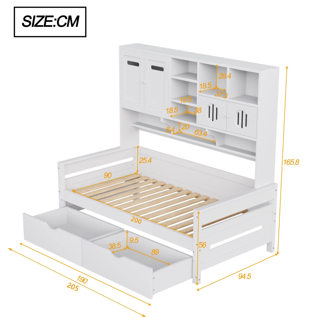 Letto multifunzione 90 x 200 cm in legno con ampio spazio contenitivo, 2 cassetti grandi, struttura bianca, senza materasso