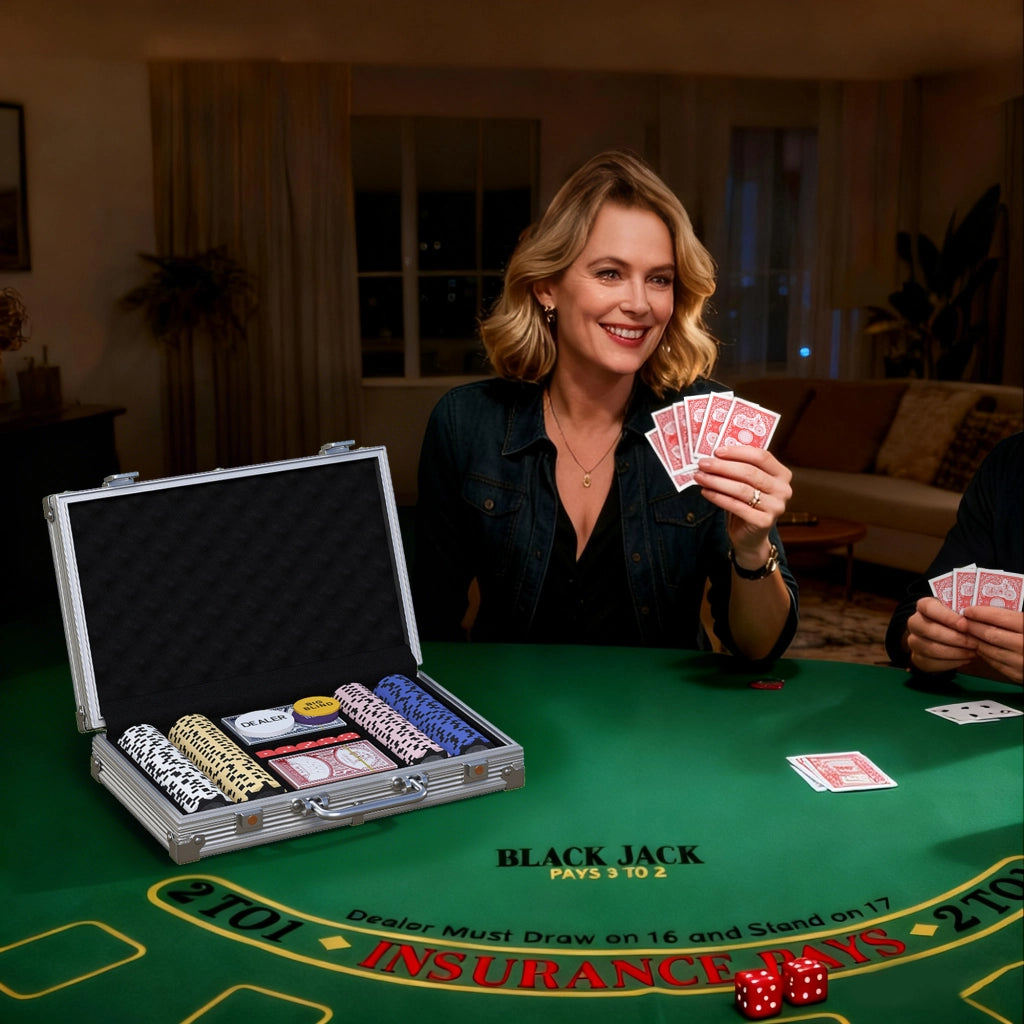 Set di Fiches da Poker in Valigetta ¨C Minimal ¨C con Dadi, Pulsante Dealer, 2 Mazzi di Carte, Colore Argento