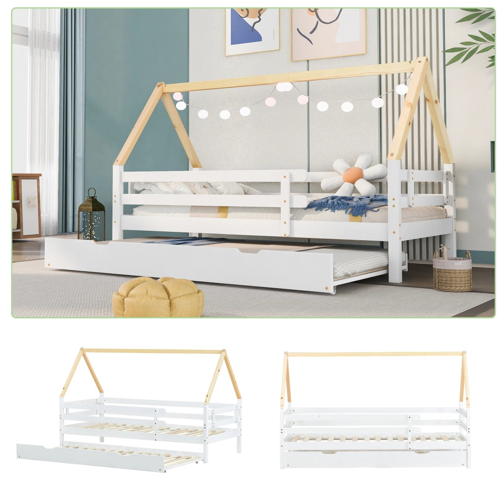 Letto a casetta bambino 90×200 cm con letto estraibile; sponde di sicurezza; senza materasso; in legno massello; bianco e naturale