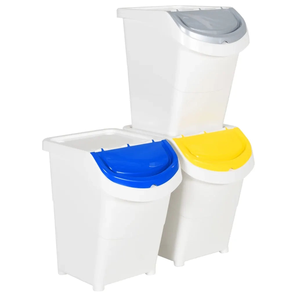 Cestini per Rifiuti Impilabili con Coperchi 3pz Bianchi PP 120L 364070