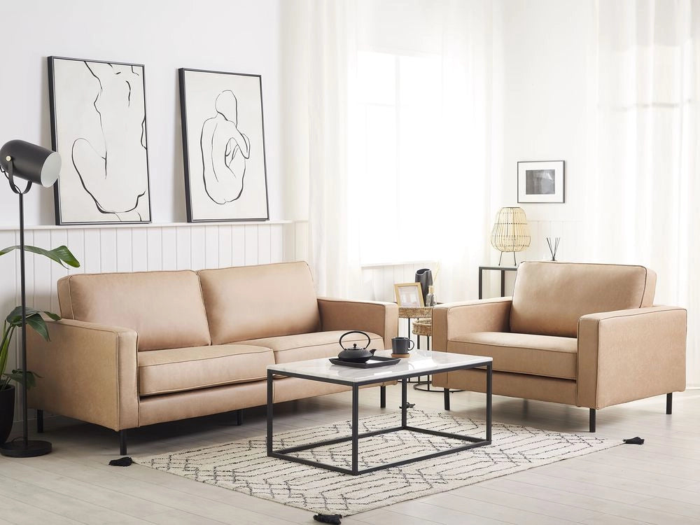 Set Divani Beige Ecopelle Divano 3 Posti Poltrona Minimalista Moderno