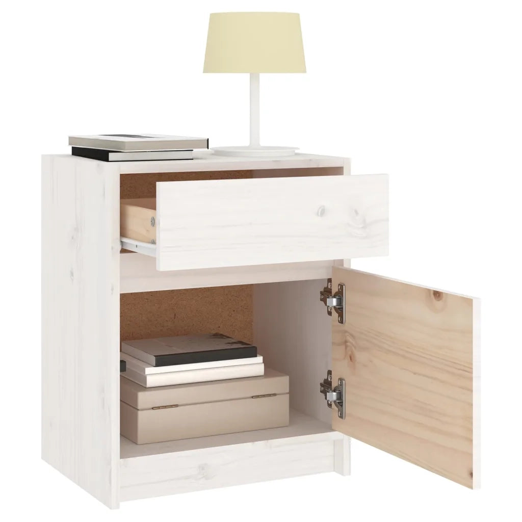 Set di 2 Comodini | Armadio da Notte | Mobiletto da notte Bianchi 40x31x50 cm in Legno Massello di Pino