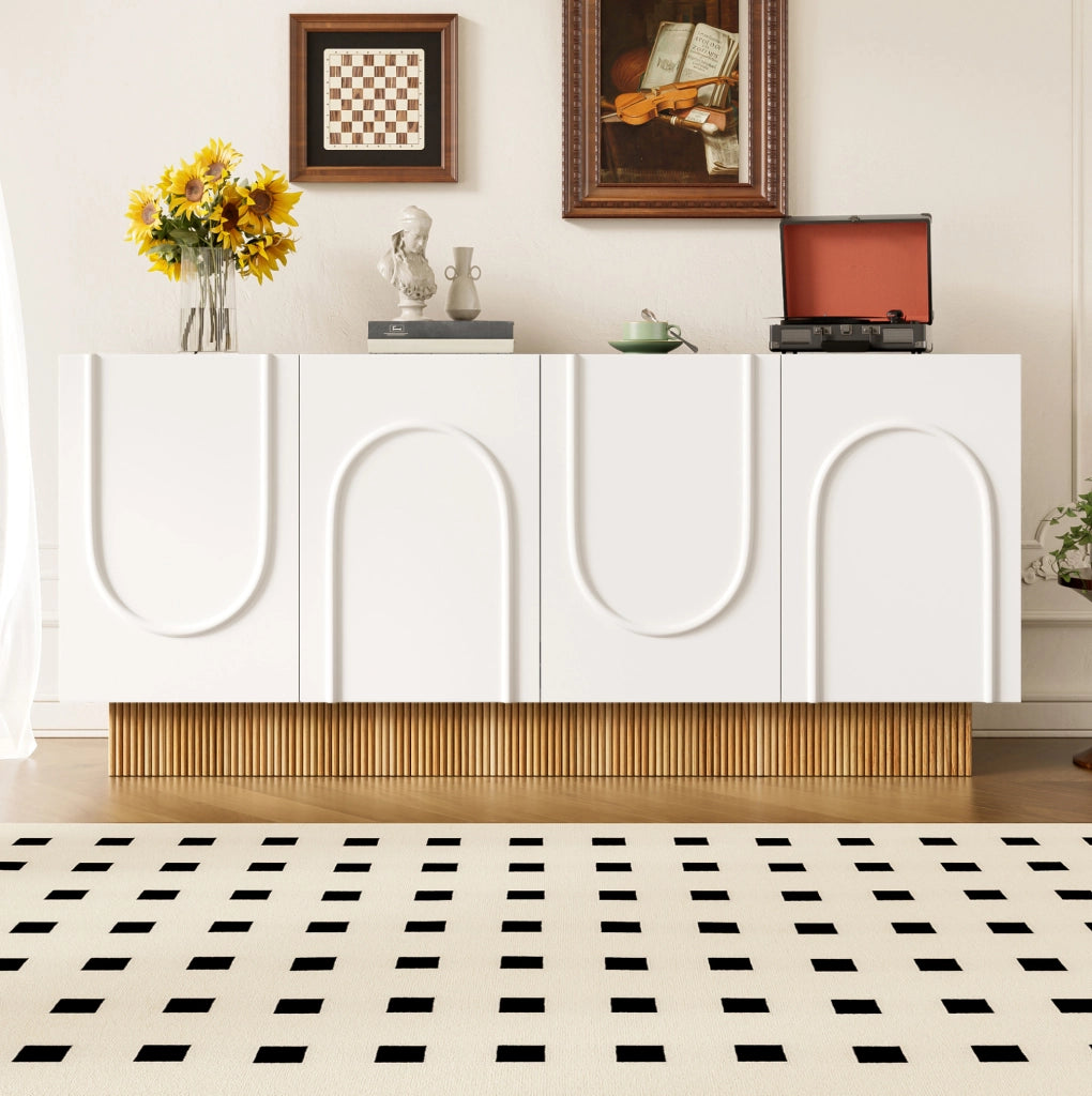 Sideboard moderno a 4 ante con struttura a rilievo U; 160x75x38 cm; bianco e legno