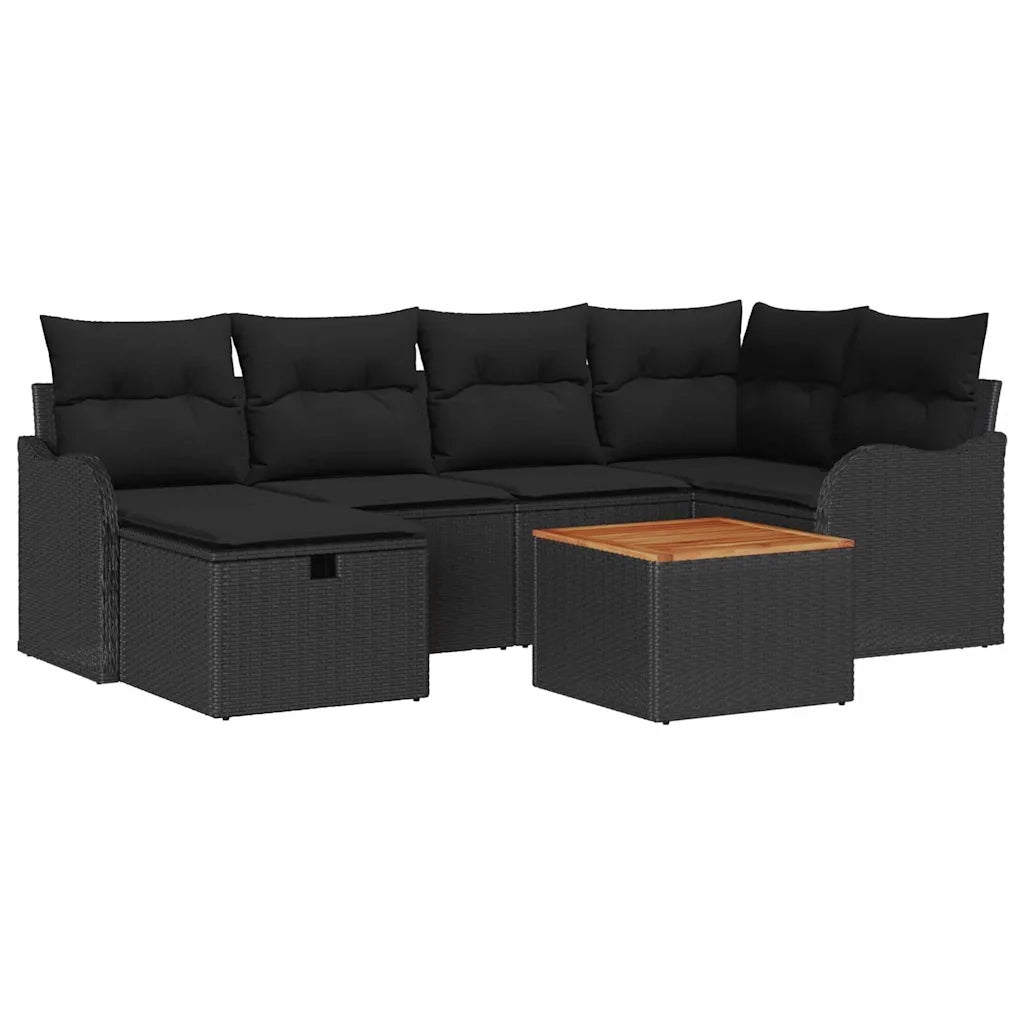 Set Divano da Giardino con cuscino 7 pcs Nero Poly Rattan