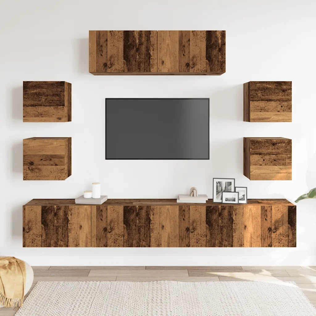 Set Mobile TV 7 pz | Armadietto TV | Mobile Porta TV Montato a Parete Legno Antico in Truciolato