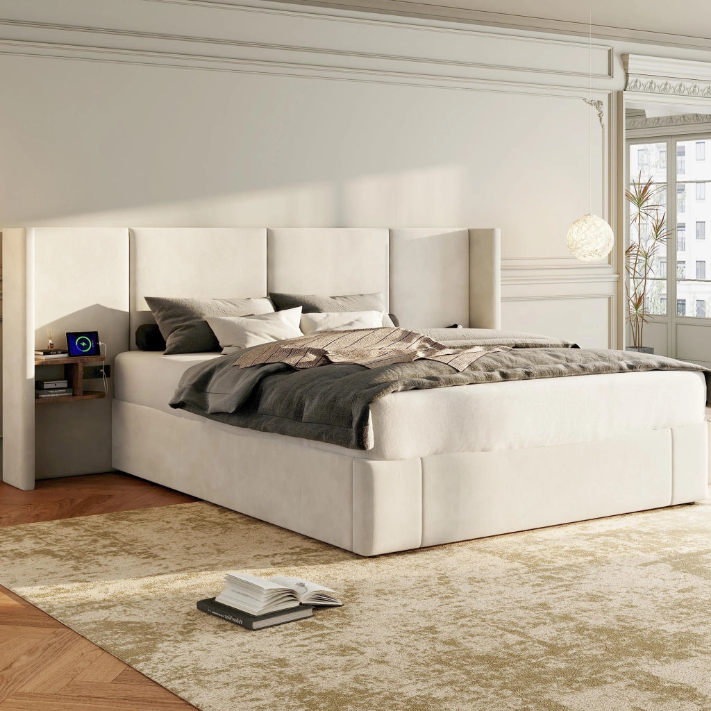 LETTO Contenitore 160x200 cm Velluto Beige con 2 comodini