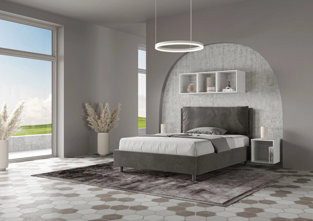 BS COM Letto matrimoniale francese contenitore imbottito 140x210 microfibra grigio Large