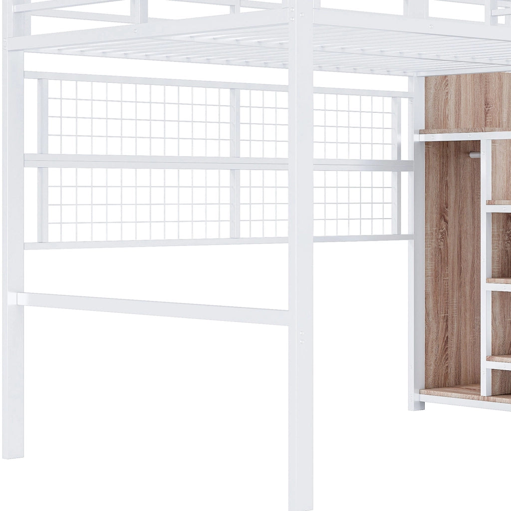 Letto a soppalco 140x200 cm in metallo bianco con scala contenitore; griglia portaoggetti e LED 7 colori