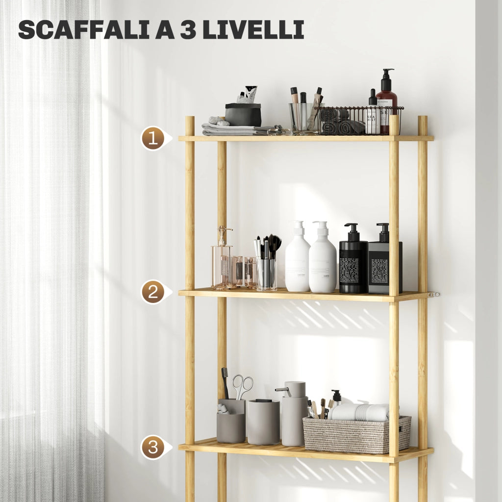 Mobile Salvaspazio Sopra WC 3 Ripiani a Doghe in Bamb¨´ ¨C Minimal ¨C Legno 63.5x25.5x181 cm