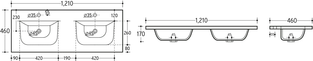Lavabo per mobile a due vasche 120 cm Lavabi per mobile 121 x 17 x 46 cm