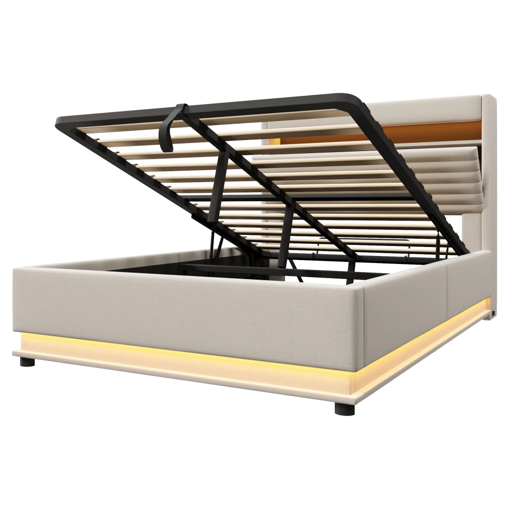 Letto imbottito 140x200 cm beige con LED, USB-C e contenitore
