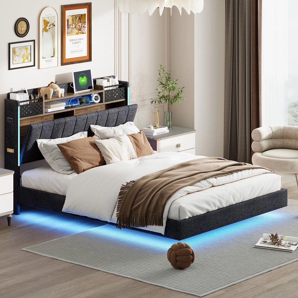 Letto Imbottito con LED e USB ¨C MINIMAL ¨C Tessuto Grigio 140x200 con Contenitore