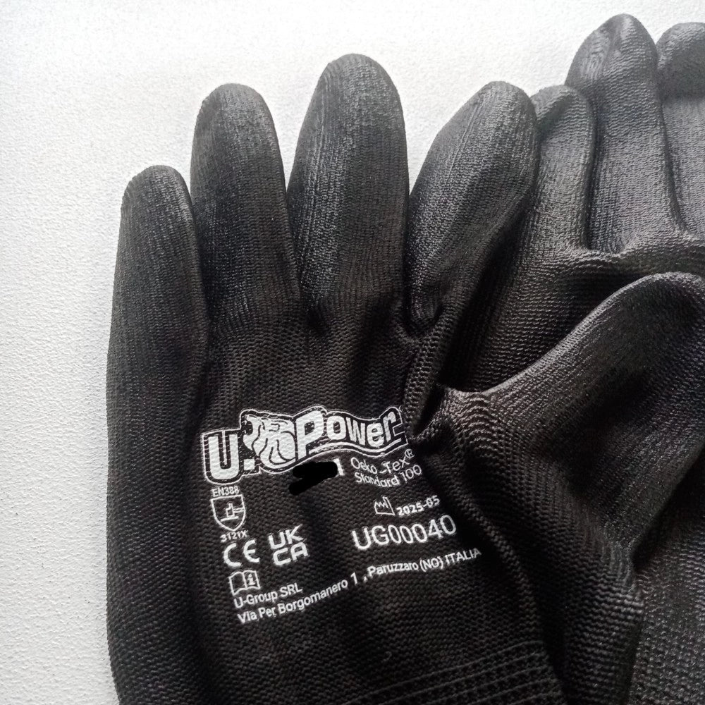 U-power onix, 12 paia di guanti da lavoro, supporto poliestere nero e poliuretano, taglie disponibili  9