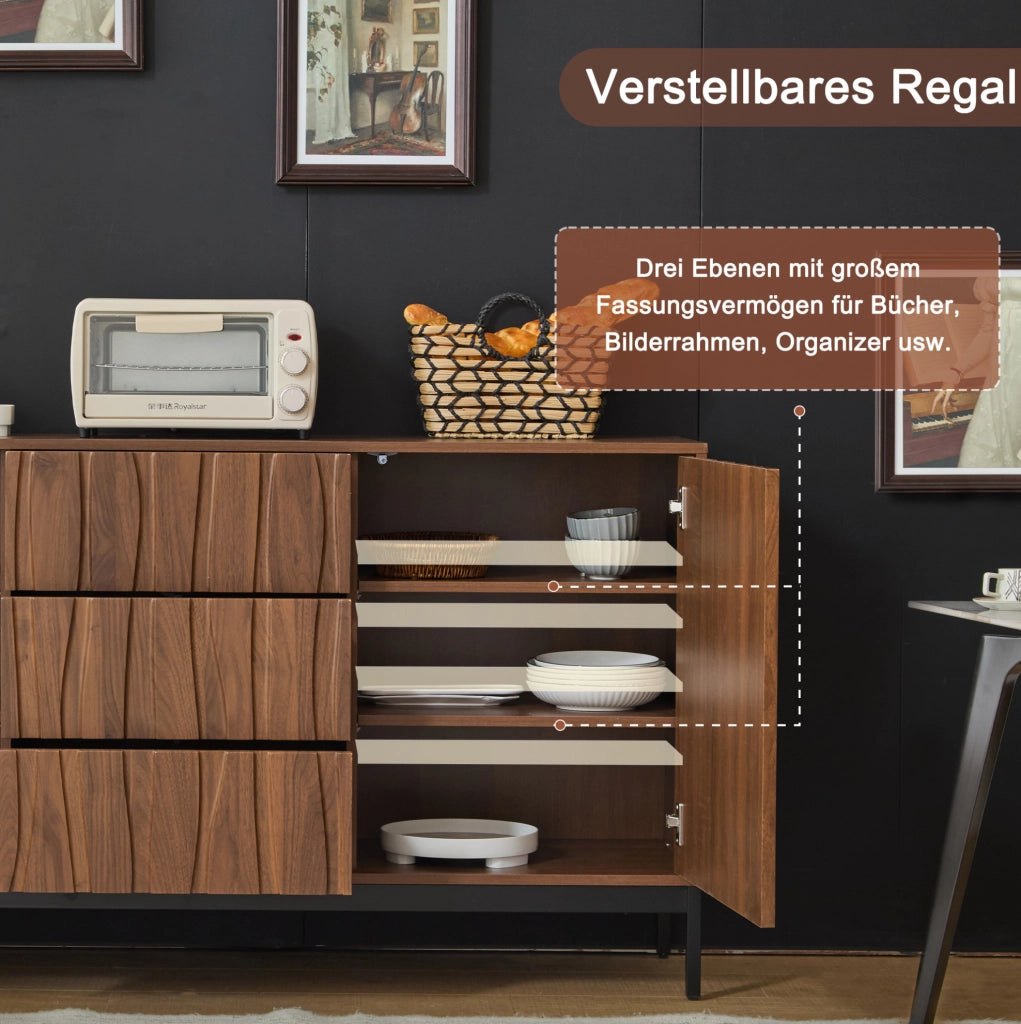 Credenza 150 cm in MDF e PB; con 3 cassetti e ripiani regolabili; marrone scuro