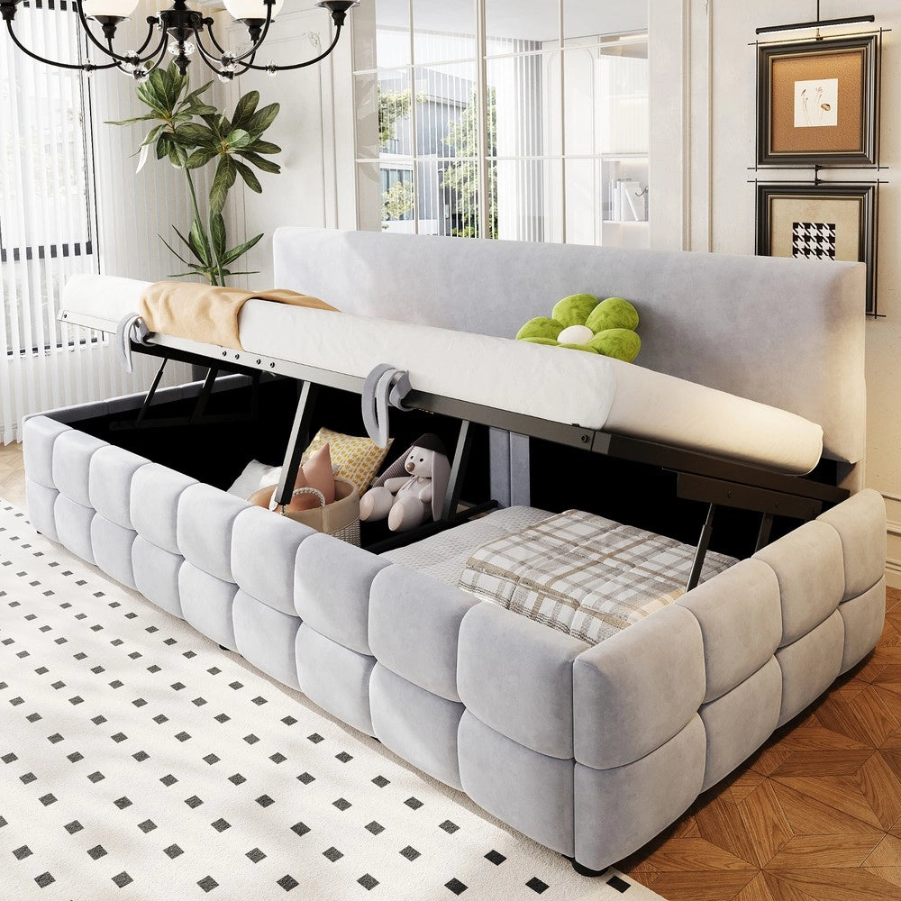 Letto Singolo Imbottito con Contenitore Idraulico ¨C Xylo ¨C Velluto Grigio Chiaro 90x200