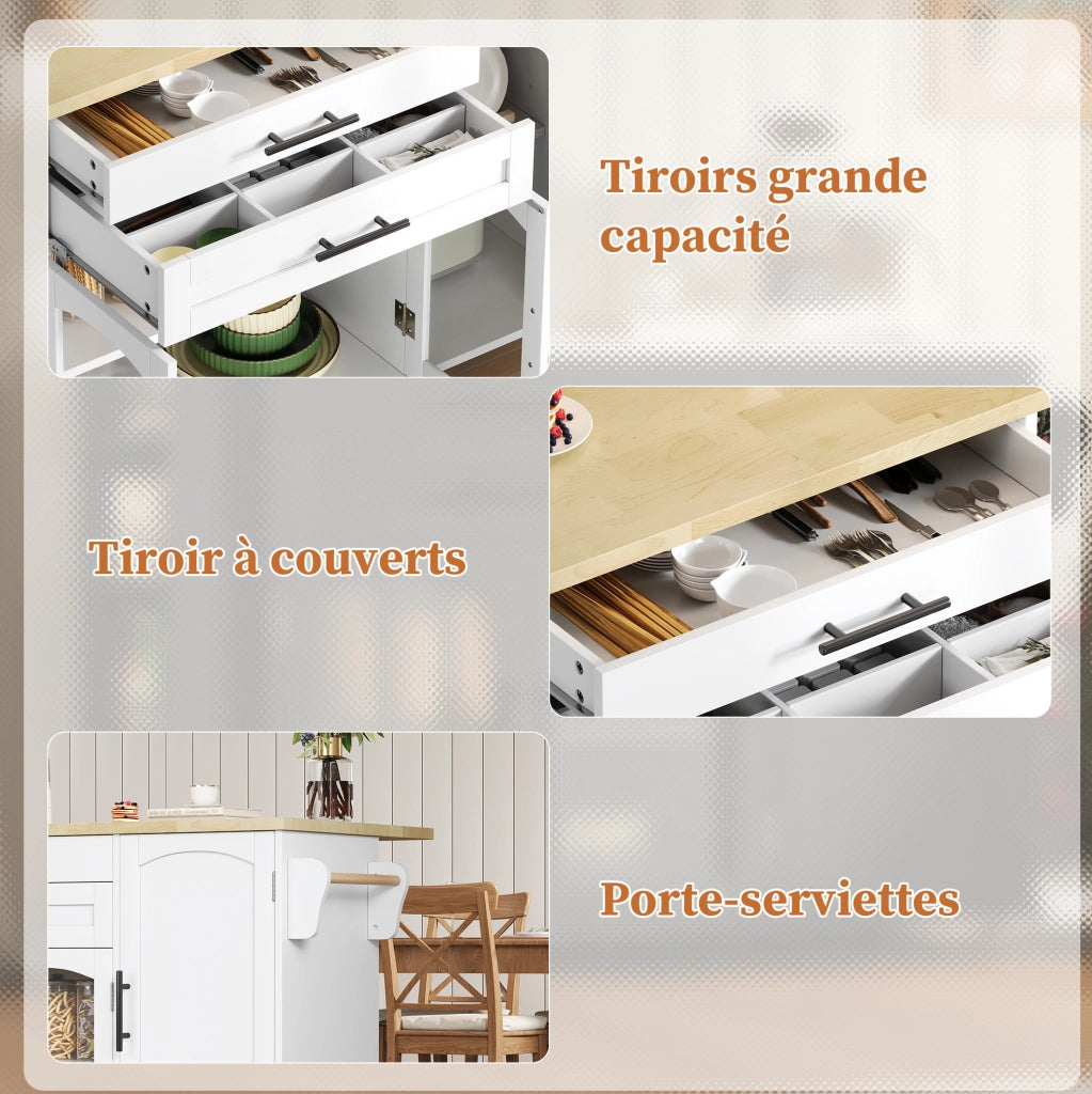 Isola da cucina mobile in MDF naturale e bianco con piano ribaltabile; 120 x 45/70 x 90 cm