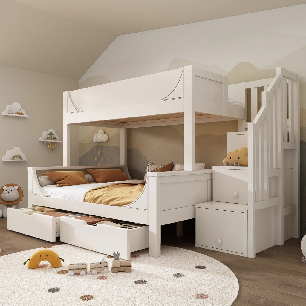 Letto a castello per bambini bianco con scala contenitore, cassetti e rete a doghe, 90x200/140x200 cm