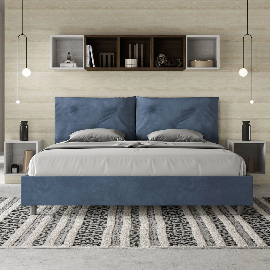 BS COM Letto matrimoniale king size con rete imbottito 190x210 microfibra blu Large