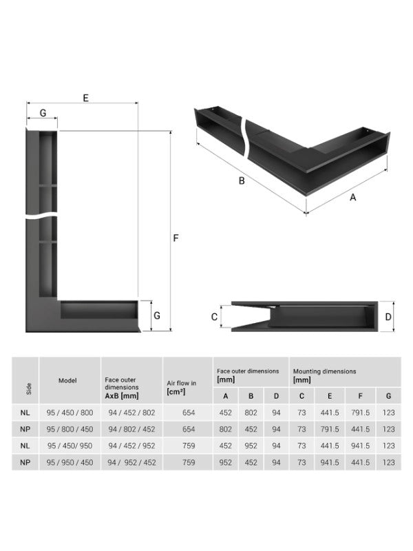Griglia di ventilazione Angolare per camino 95x800x450 - Loft Angle sinistra grafite
