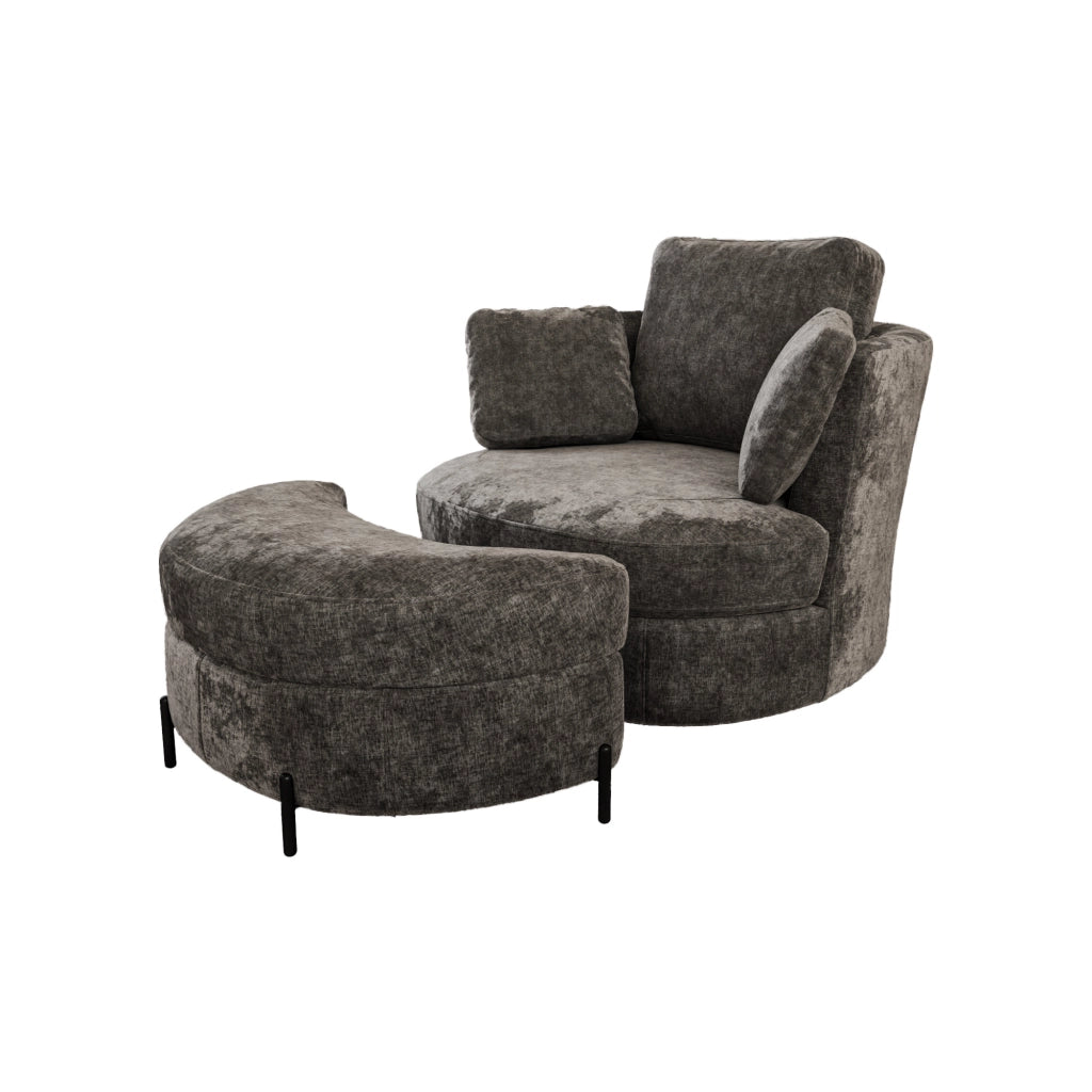 Poltrona XXL con Pouf a Luna ¨C Xylo ¨C Grigio, Tessuto Chenille, Cuscini