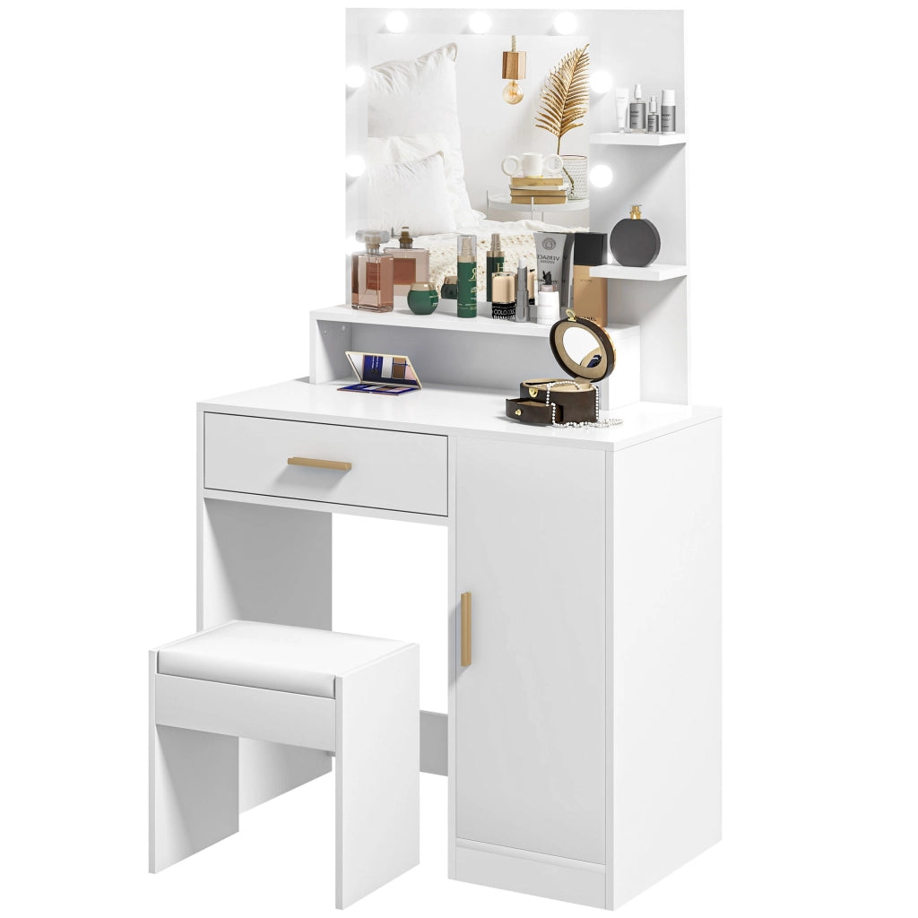 Cassettiera con specchio LED e sgabello ¨C Xylo ¨C bianco con cassetti e ripiani
