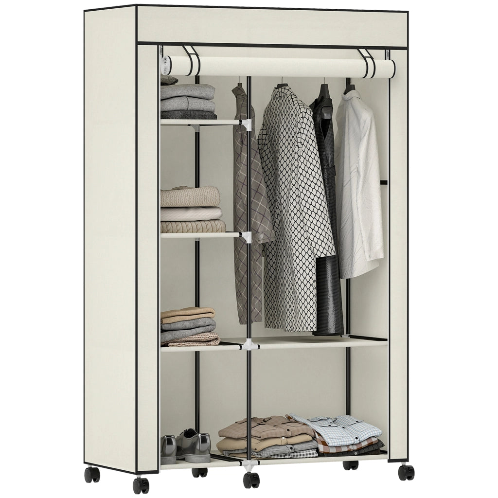 Armadio guardaroba in tessuto ¨C Xylo ¨C con ante, cassetti, ripiani e rotelle, 103x43x162,5cm crema