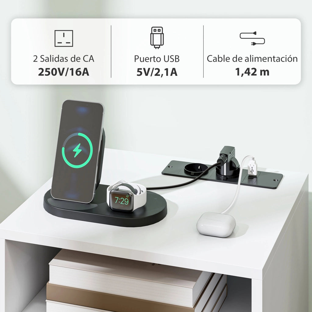 Comodino con Stazione di Ricaricare ¨C zephmum ¨C 2 Prese AC, USB, Tipo-C, Bianco