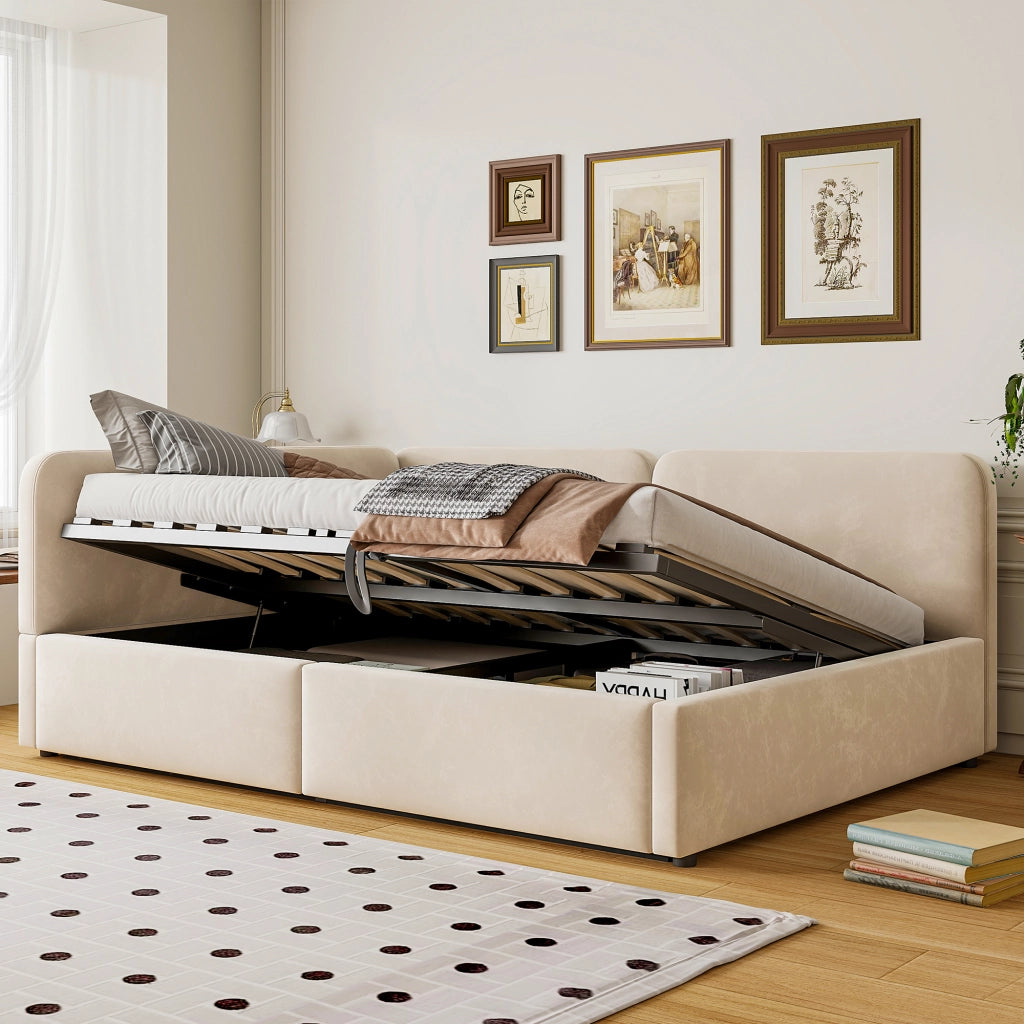 Letto divano contenitore 140 × 200 cm con vano idraulico, testiera reversibile, senza materasso, beige