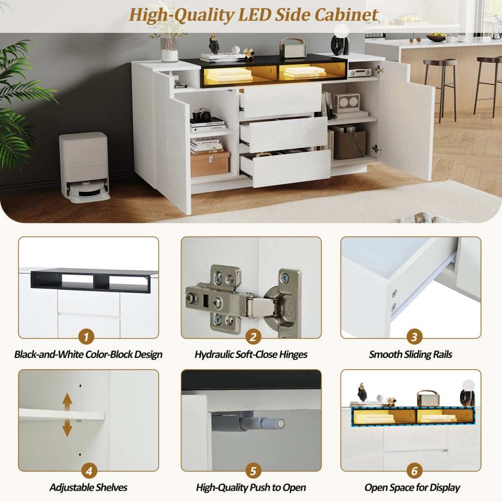 Credenza con 2 ante; 3 cassetti; 2 vani semiaperti; LED controllata da app; per soggiorno; 140 × 40 × 68 cm