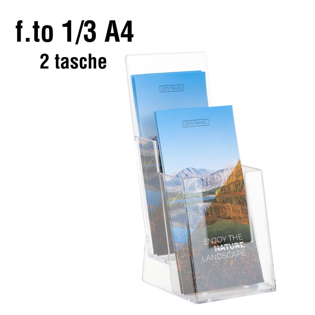 Porta depliant da banco in plexi 2 tasche 1/3 A4