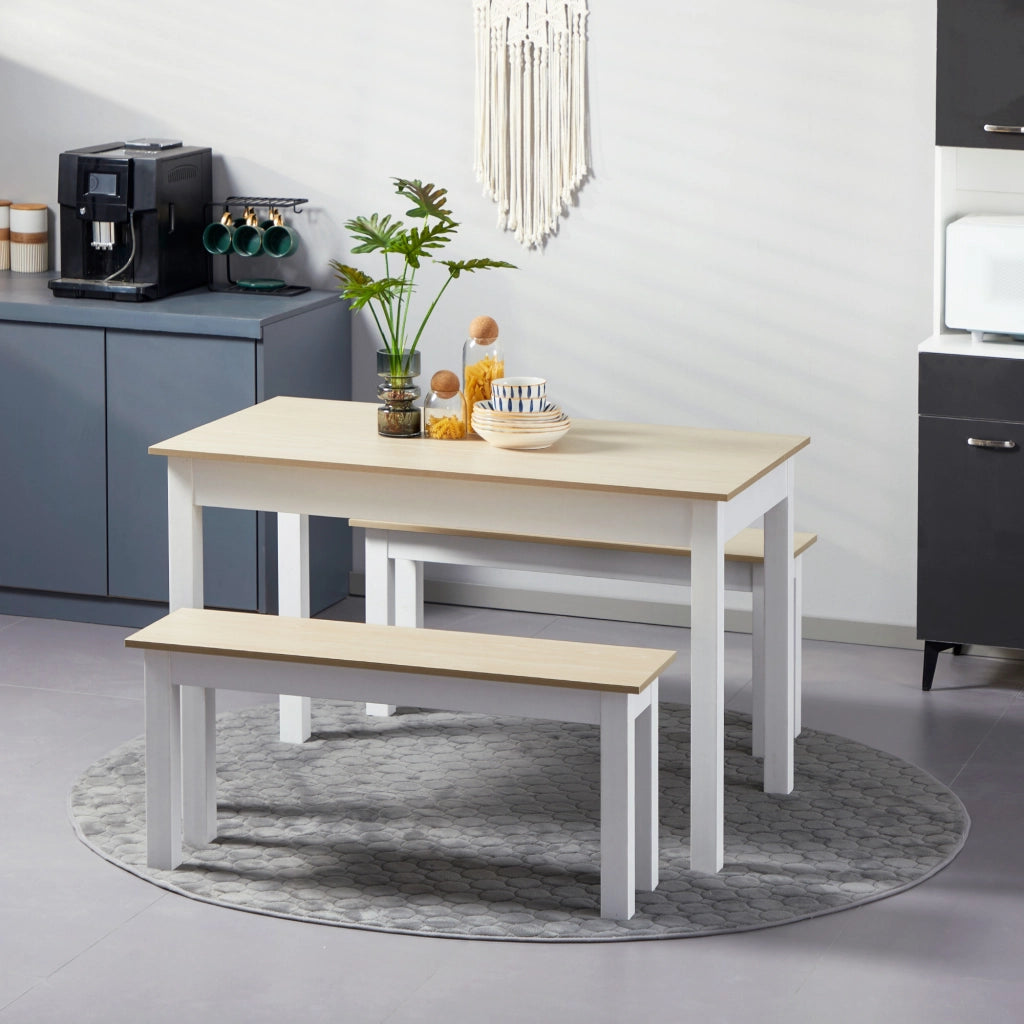 Tavolo da Pranzo Allungabile con 2 Panche ¨C Zephmum ¨C Legno Massello Effetto Rovere 120x60x75 cm