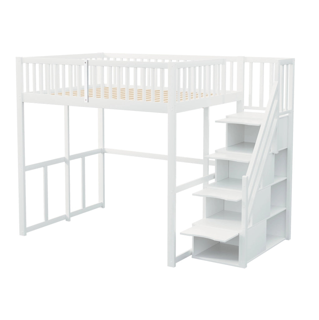Letto a soppalco 140x200 cm con scala contenitore e struttura in legno