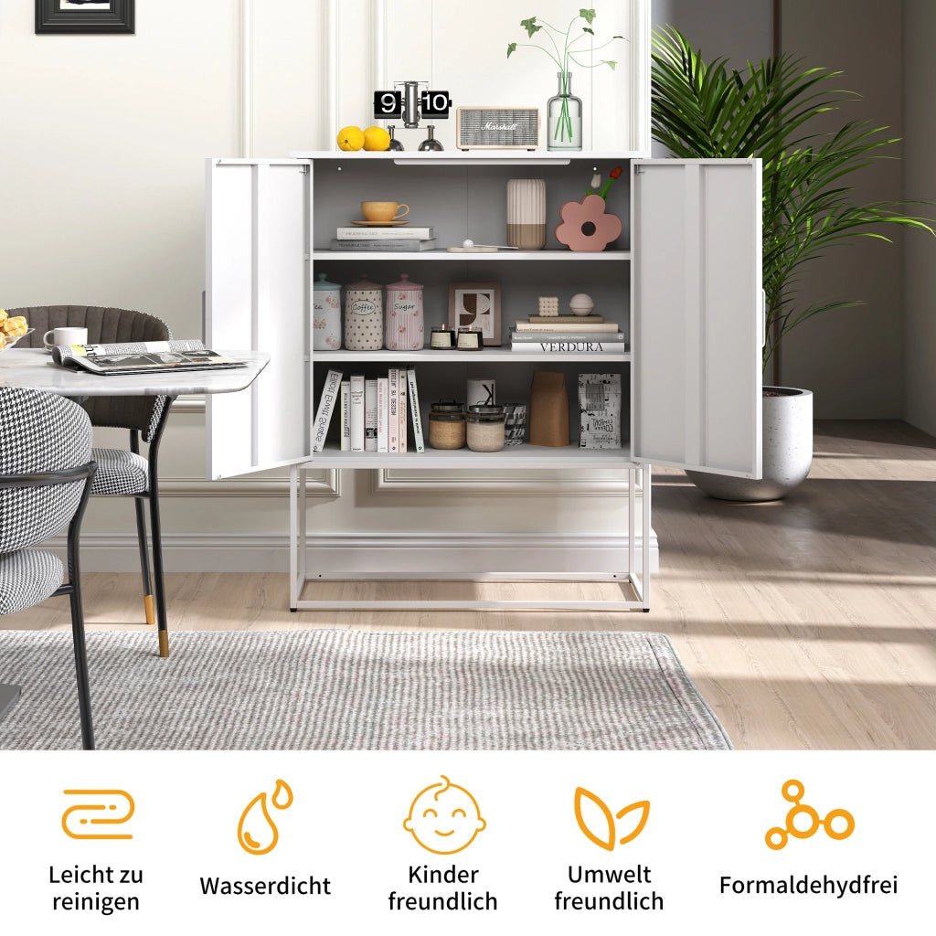 Credenza/mobile contenitore in metallo con 2 ripiani, mobile in acciaio autoportante, ante magnetiche, dispositivo antiribaltamento, adatto per soggio