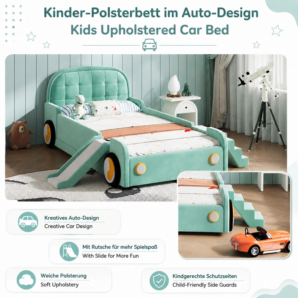 LETTO Auto con scivolo e scala 90x200 cm Velluto Blu-verde