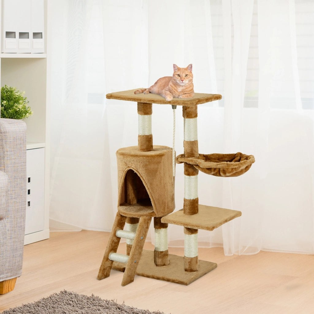 Tiragraffi per gatti con casetta e scala ¨C Xylo ¨C 55x30x95 cm marrone felpa