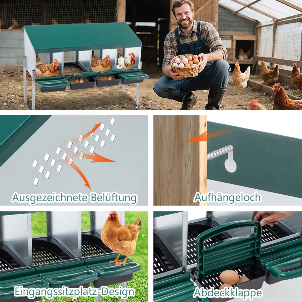 Nido per Galline con 4 Scomparti e Copertura ¨C MINIMAL ¨C Verde, per Esterno