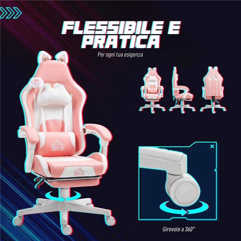 SEDIA DA GAMING ERGONOMICA CON ORECCHIE DA GATTO POGGIAPIEDI SUPPORTO LOMBARE E CERVICALE ROSA