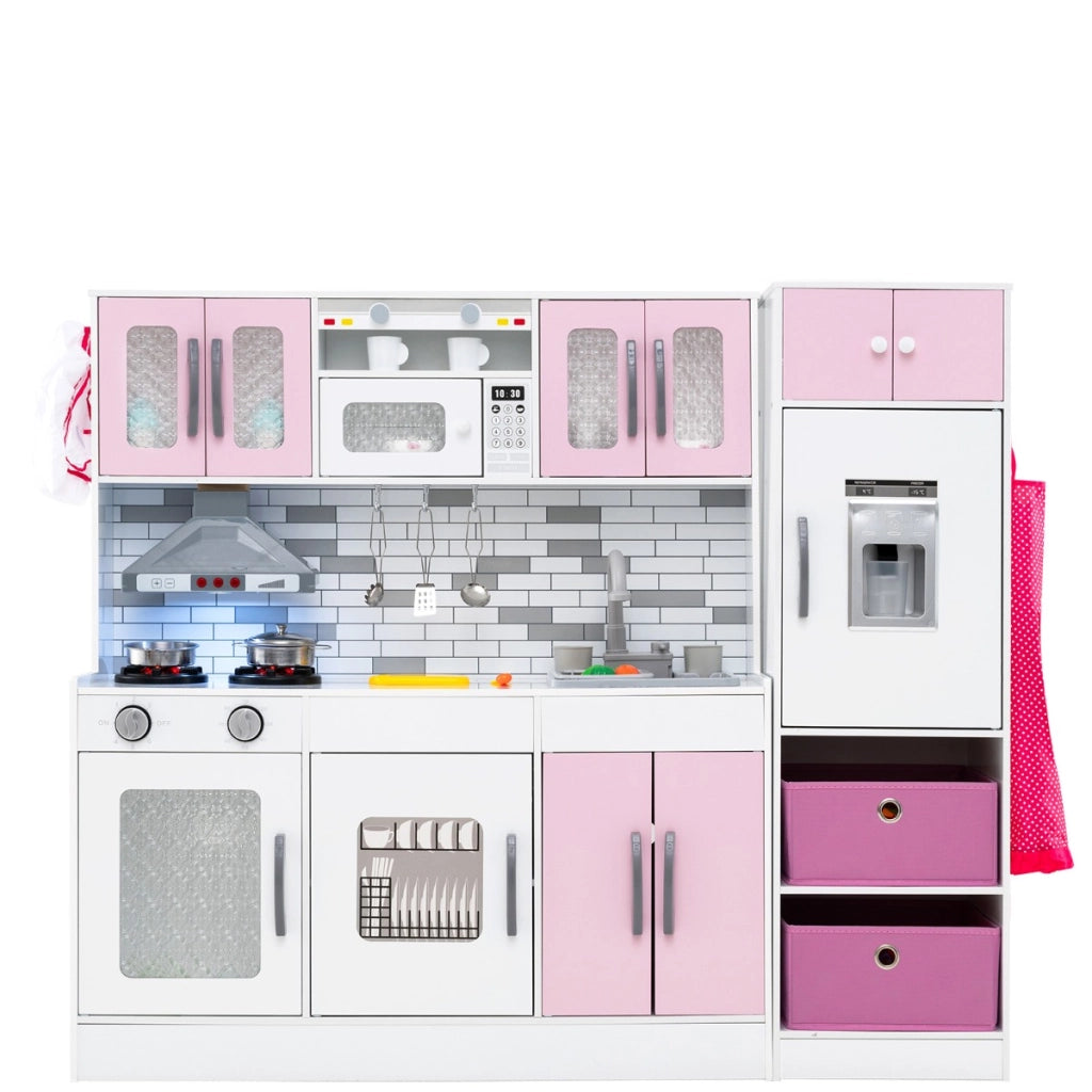 Cucina legno da gioco con spazio di stoccaggio e accessori, Cucina legno da gioco con luci e funzioni interattive Rosa-Cucine giocattoli